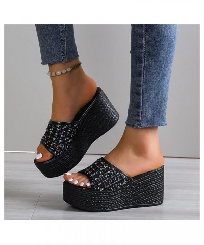 Women Colorful Cloth Open Toe Slides Sandals Ladies Summer Slip on Thick Sole Slope Heel Sandals Non Slip Beach Black 9 $13.5...