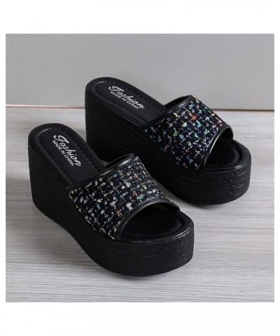 Women Colorful Cloth Open Toe Slides Sandals Ladies Summer Slip on Thick Sole Slope Heel Sandals Non Slip Beach Black 9 $13.5...