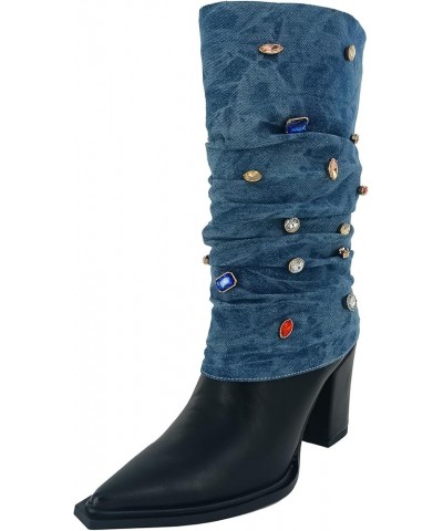 Fold Over Boots Women's Denim Boots Rhinestone Chunky Heel Mid Calf Boots Blue $40.94 Boots