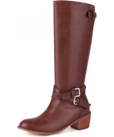 Women Fashion Knee High Boots Buckle Strap Riding Boots Retro Wide Calf Motorcycle Boots Zipper Brown $31.95 Boots