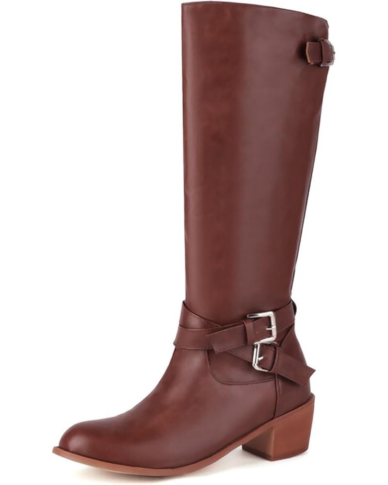 Women Fashion Knee High Boots Buckle Strap Riding Boots Retro Wide Calf Motorcycle Boots Zipper Brown $31.95 Boots