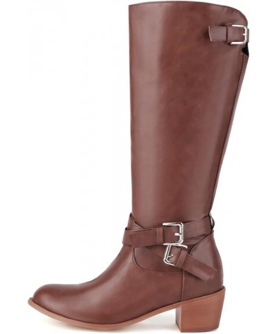 Women Fashion Knee High Boots Buckle Strap Riding Boots Retro Wide Calf Motorcycle Boots Zipper Brown $31.95 Boots