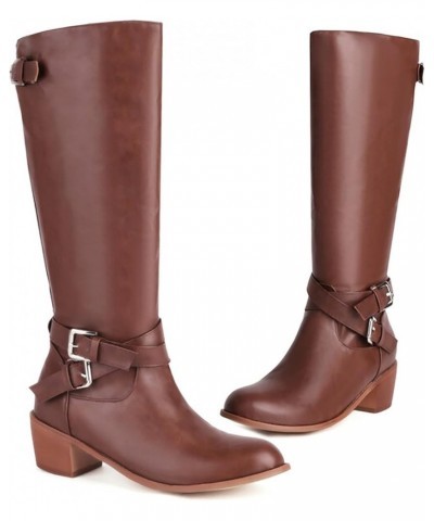 Women Fashion Knee High Boots Buckle Strap Riding Boots Retro Wide Calf Motorcycle Boots Zipper Brown $31.95 Boots