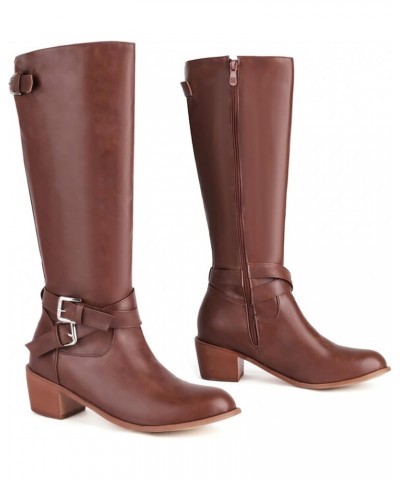 Women Fashion Knee High Boots Buckle Strap Riding Boots Retro Wide Calf Motorcycle Boots Zipper Brown $31.95 Boots