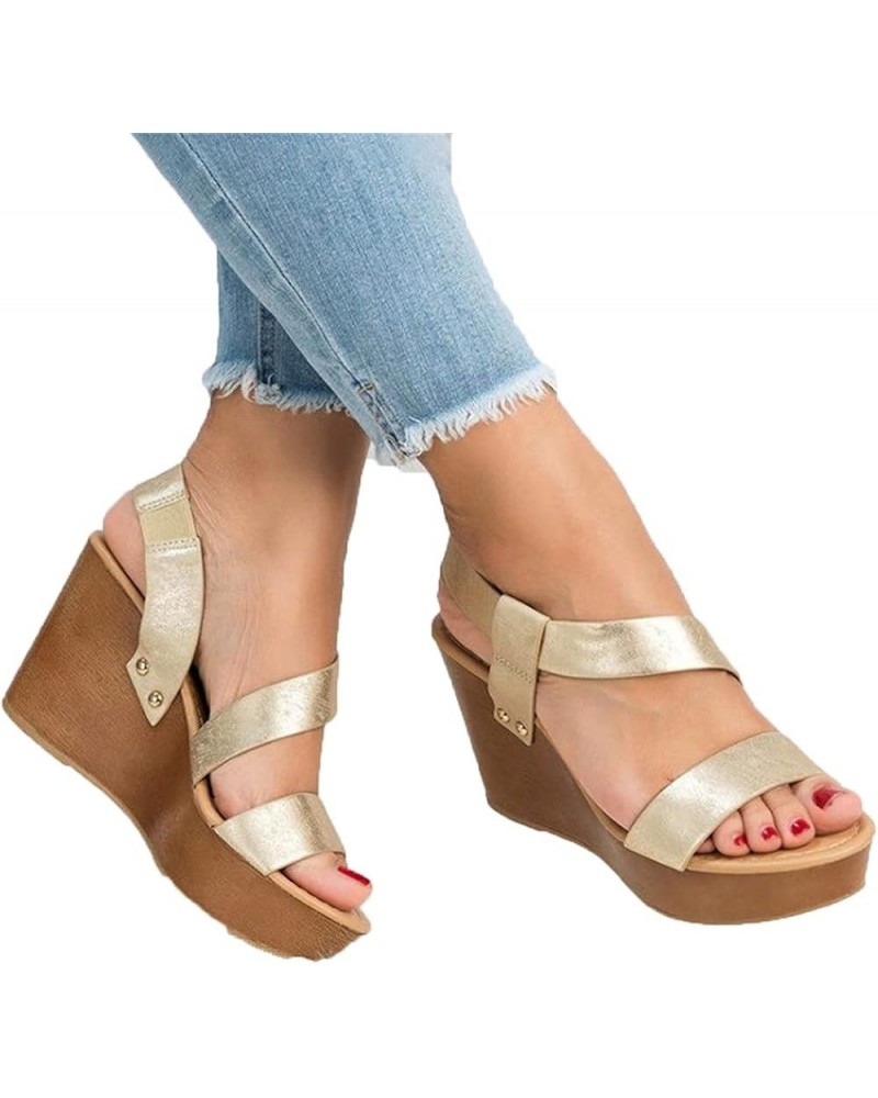 Women Sandals Wedge Platform Sandals Summer Slip On Ladies High Heels Shoes 41 Gold $21.12 Sandals