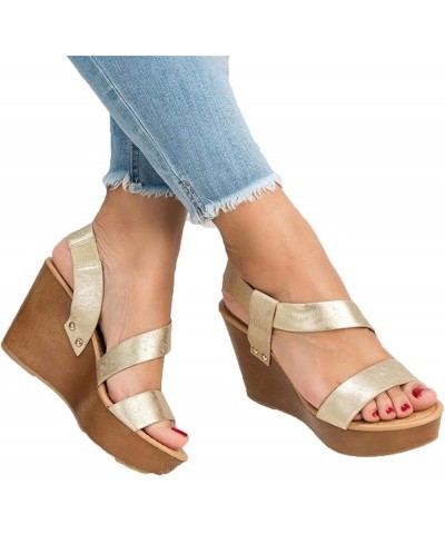 Women Sandals Wedge Platform Sandals Summer Slip On Ladies High Heels Shoes 41 Gold $21.12 Sandals