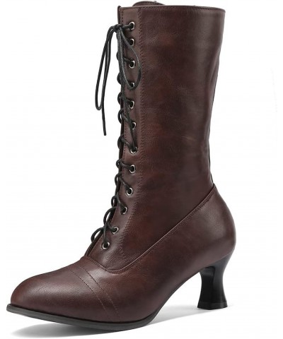 PAUVAODU Vintage Lace-up Knee High Boots for Women 26 Brown $25.84 Boots