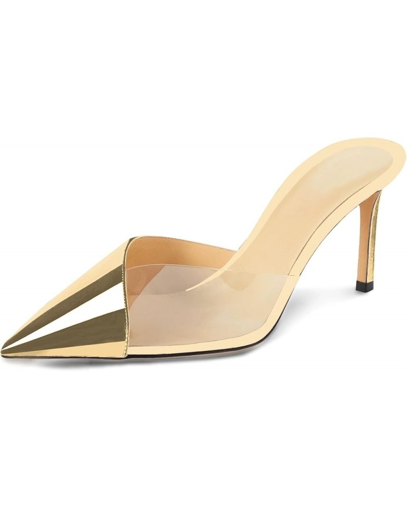 Women's Fashion 2.5 Inch Patent Leather Clear Pointed Toe Transparent Slip On Mid Heel Heeled Sandals Dress Shoes Gold $32.84...