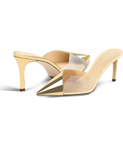 Women's Fashion 2.5 Inch Patent Leather Clear Pointed Toe Transparent Slip On Mid Heel Heeled Sandals Dress Shoes Gold $32.84...