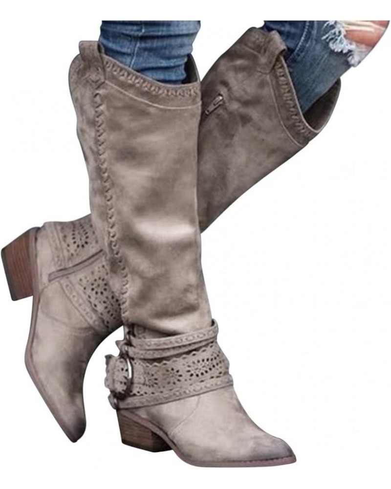 Boots for Womens Mid Knee High Boots Chunky Heel Wide Calf Side Zipper Fashion Winter Cowboy Booties Khaki $20.31 Boots