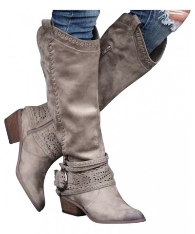 Boots for Womens Mid Knee High Boots Chunky Heel Wide Calf Side Zipper Fashion Winter Cowboy Booties Khaki $20.31 Boots