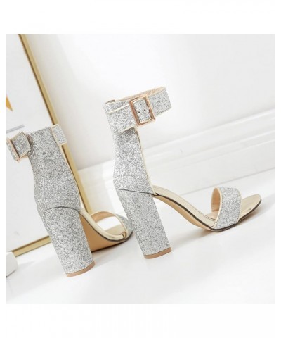 Chunky Heels Sandals for Womens Peep Toe Bling Sparkle Sequins Adjustable Buckle Strappy Block High Heels Party Shoes Silver ...