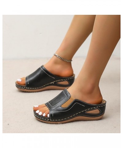 Sandals for Women Fashion Leather Open Toe Wedge Sandals Platform Summer Slide Sandals Comfort Walking Sandals 6.5 Black $12....