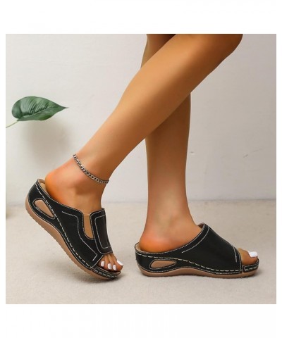 Sandals for Women Fashion Leather Open Toe Wedge Sandals Platform Summer Slide Sandals Comfort Walking Sandals 6.5 Black $12....