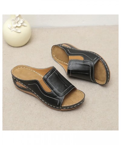 Sandals for Women Fashion Leather Open Toe Wedge Sandals Platform Summer Slide Sandals Comfort Walking Sandals 6.5 Black $12....