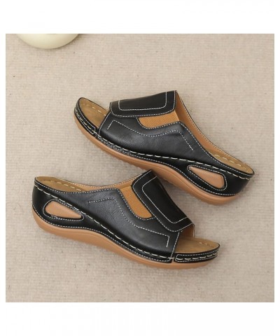 Sandals for Women Fashion Leather Open Toe Wedge Sandals Platform Summer Slide Sandals Comfort Walking Sandals 6.5 Black $12....