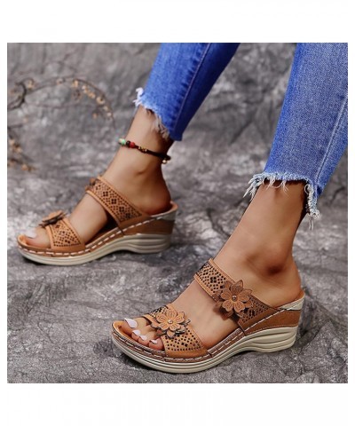 Womens Ankle Strap Beaded Flower Rhinestone Low Wedge Sandal Beach Summer Boho Flat Platform Slipper Sandal 117-hyems-brown-4...