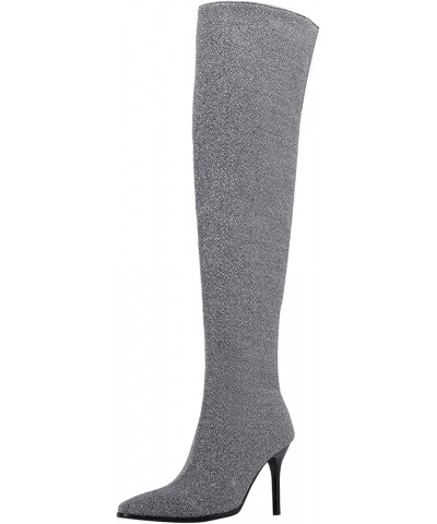 Ladies Glitter Over The Knee Stretch Boots Stiletto Heels Silver $36.68 Boots