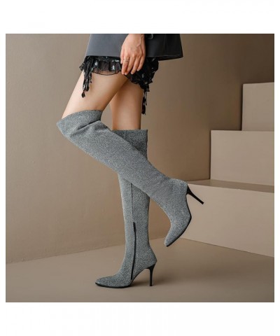 Ladies Glitter Over The Knee Stretch Boots Stiletto Heels Silver $36.68 Boots