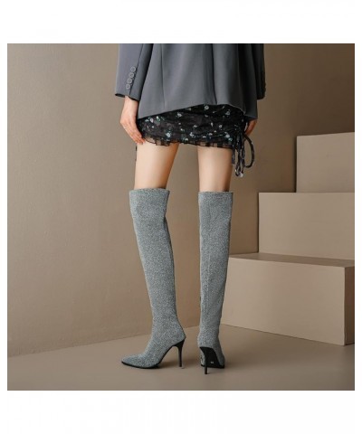 Ladies Glitter Over The Knee Stretch Boots Stiletto Heels Silver $36.68 Boots