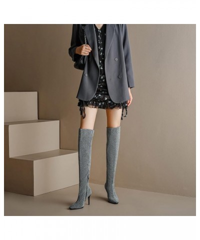 Ladies Glitter Over The Knee Stretch Boots Stiletto Heels Silver $36.68 Boots