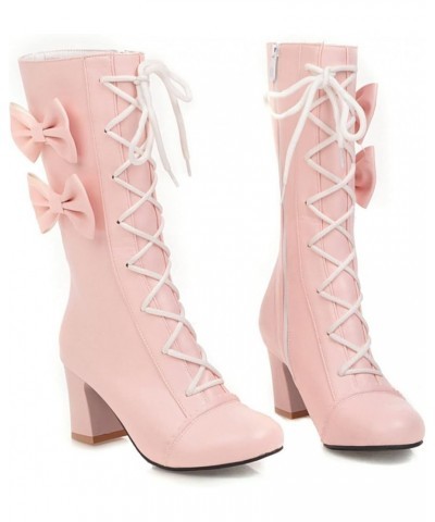 Womens Cute Bowtie Booties Lolita Boot Girls Comfort Block Heel Lace-up Dress Shoes Round Toe Zipper Mid Calf Boots Pink $28....