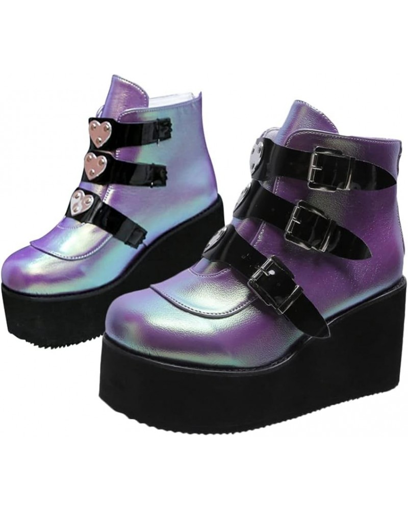 Gothic boots with platform and womens round heel buckles Thick thick- heeled combat boots for women Purple $25.19 Boots