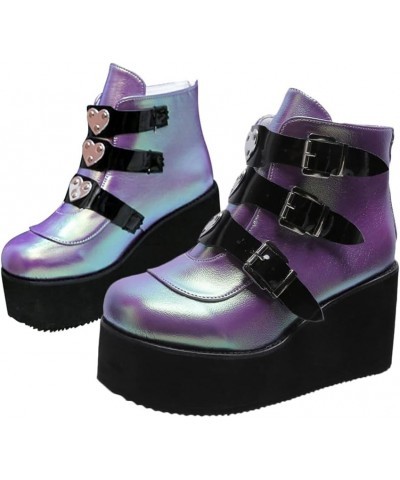 Gothic boots with platform and womens round heel buckles Thick thick- heeled combat boots for women Purple $25.19 Boots