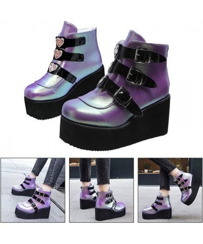 Gothic boots with platform and womens round heel buckles Thick thick- heeled combat boots for women Purple $25.19 Boots