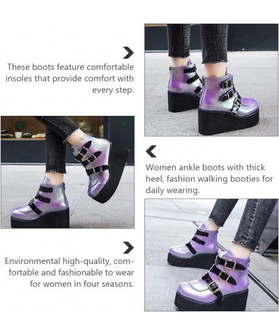 Gothic boots with platform and womens round heel buckles Thick thick- heeled combat boots for women Purple $25.19 Boots