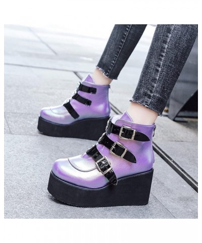 Gothic boots with platform and womens round heel buckles Thick thick- heeled combat boots for women Purple $25.19 Boots