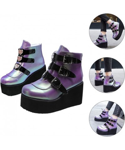 Gothic boots with platform and womens round heel buckles Thick thick- heeled combat boots for women Purple $25.19 Boots