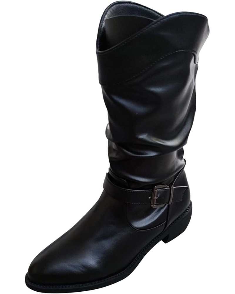 Cowgirl Boots, Retro Womens Chunky Heels Buckle Strap Middle Tube Boots Black $32.35 Outdoor Shoes