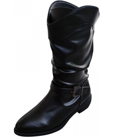 Cowgirl Boots, Retro Womens Chunky Heels Buckle Strap Middle Tube Boots Black $32.35 Outdoor Shoes