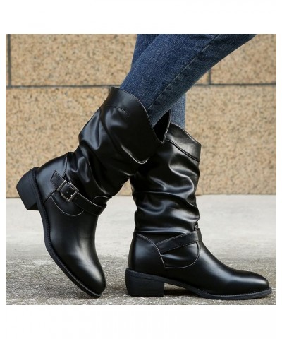 Cowgirl Boots, Retro Womens Chunky Heels Buckle Strap Middle Tube Boots Black $32.35 Outdoor Shoes