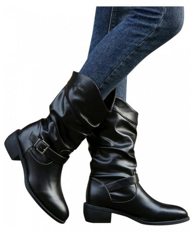 Cowgirl Boots, Retro Womens Chunky Heels Buckle Strap Middle Tube Boots Black $32.35 Outdoor Shoes