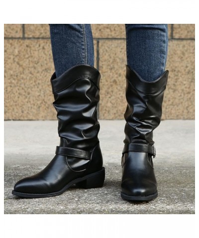 Cowgirl Boots, Retro Womens Chunky Heels Buckle Strap Middle Tube Boots Black $32.35 Outdoor Shoes