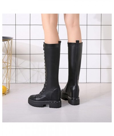 Women's Trendy Mid-calf High Boots Autumn Winter Stylish Front Lace-up Non-slip Mid Chunky Block Heels Round Toe Ladies Outdo...