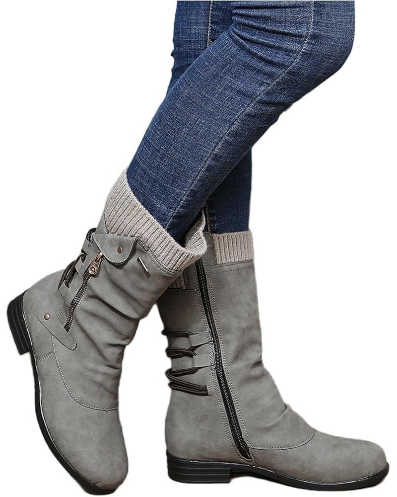 Fall Bo_oties for Women 2023 Low He_el Biker bo_ots Mid_Calf Motorcycle Fashion Combat Riding an_kle bo_oties Grey $22.70 Boots