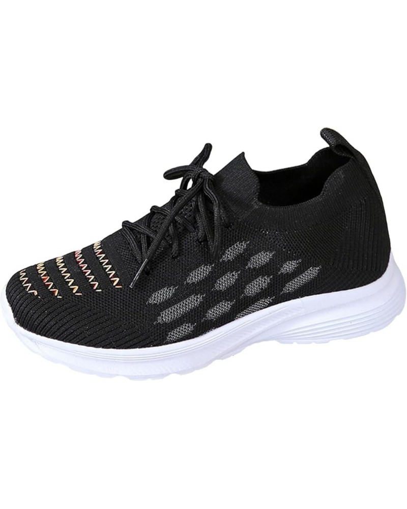 Fashion Spring and Summer Women Sports Shoes Flat Bottom Lightweight Fly Woven Mesh Breathable Embroidered Stripes Lace Up Co...