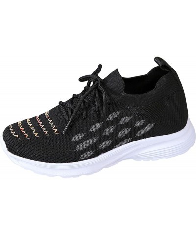 Fashion Spring and Summer Women Sports Shoes Flat Bottom Lightweight Fly Woven Mesh Breathable Embroidered Stripes Lace Up Co...