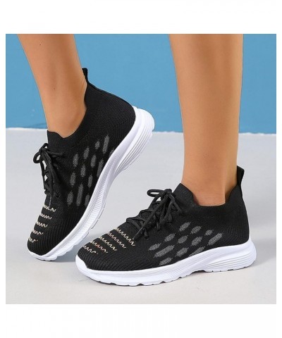 Fashion Spring and Summer Women Sports Shoes Flat Bottom Lightweight Fly Woven Mesh Breathable Embroidered Stripes Lace Up Co...