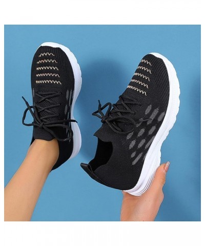 Fashion Spring and Summer Women Sports Shoes Flat Bottom Lightweight Fly Woven Mesh Breathable Embroidered Stripes Lace Up Co...