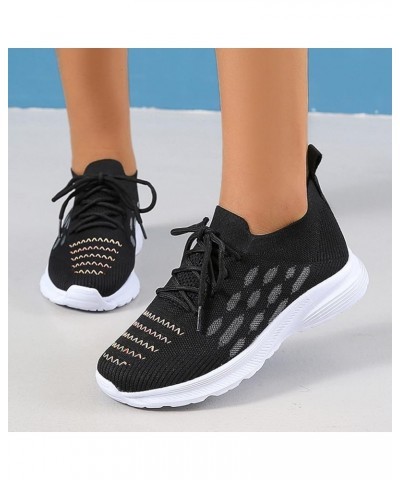 Fashion Spring and Summer Women Sports Shoes Flat Bottom Lightweight Fly Woven Mesh Breathable Embroidered Stripes Lace Up Co...