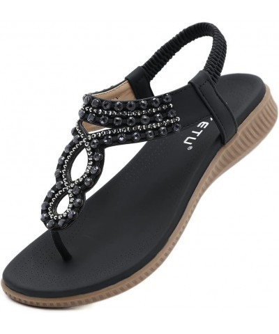 Women's Elastic Strappy Thong Ankle Strap Summer Gladiator Sandals Dressy Summer Beaded Casual Beach Flat Shoes Black 7.5 $9....