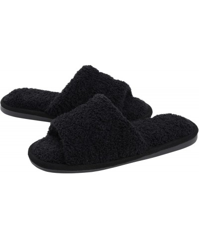 Terry Cloth Open Toe Slippers for Women Memory Foam Slip On House Slippers Fuzzy Black $12.87 Slippers