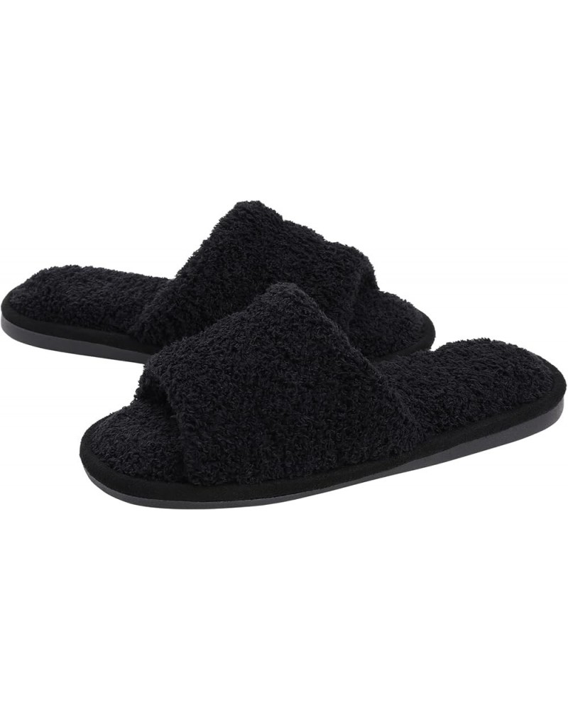 Terry Cloth Open Toe Slippers for Women Memory Foam Slip On House Slippers Fuzzy Black $12.87 Slippers