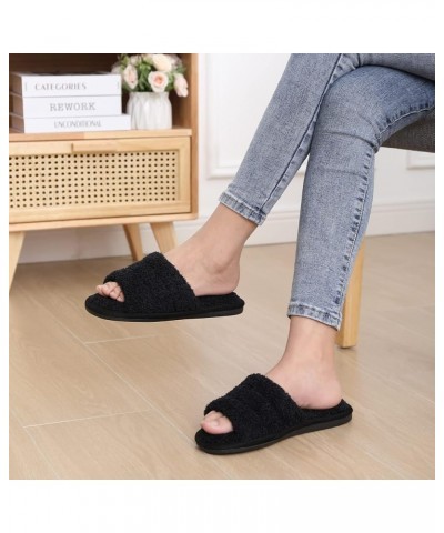 Terry Cloth Open Toe Slippers for Women Memory Foam Slip On House Slippers Fuzzy Black $12.87 Slippers