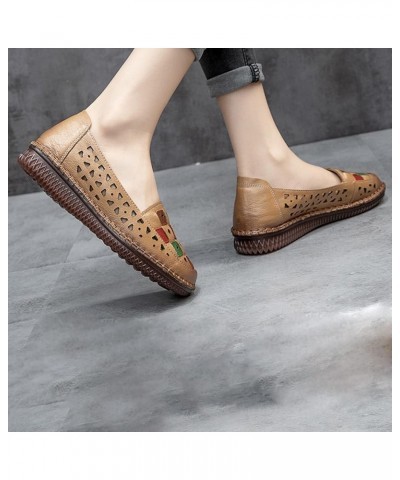 Women's Punch Hole Fashion Soft Leather Beef Tendon Soft Bottom Flat Heel Single Shoes Round Women Shoes Casual Yellow $12.32...