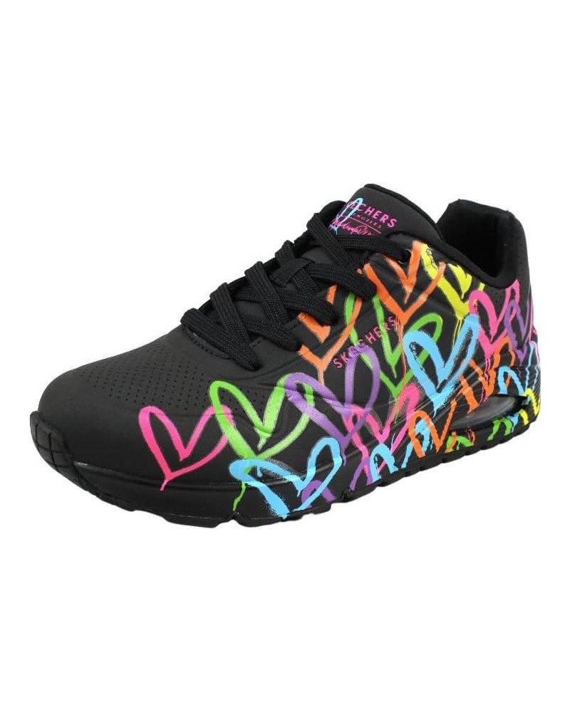 Women's Low Sneaker Black and Multi Heart Print Duraleather Bla $58.00 Fashion Sneakers